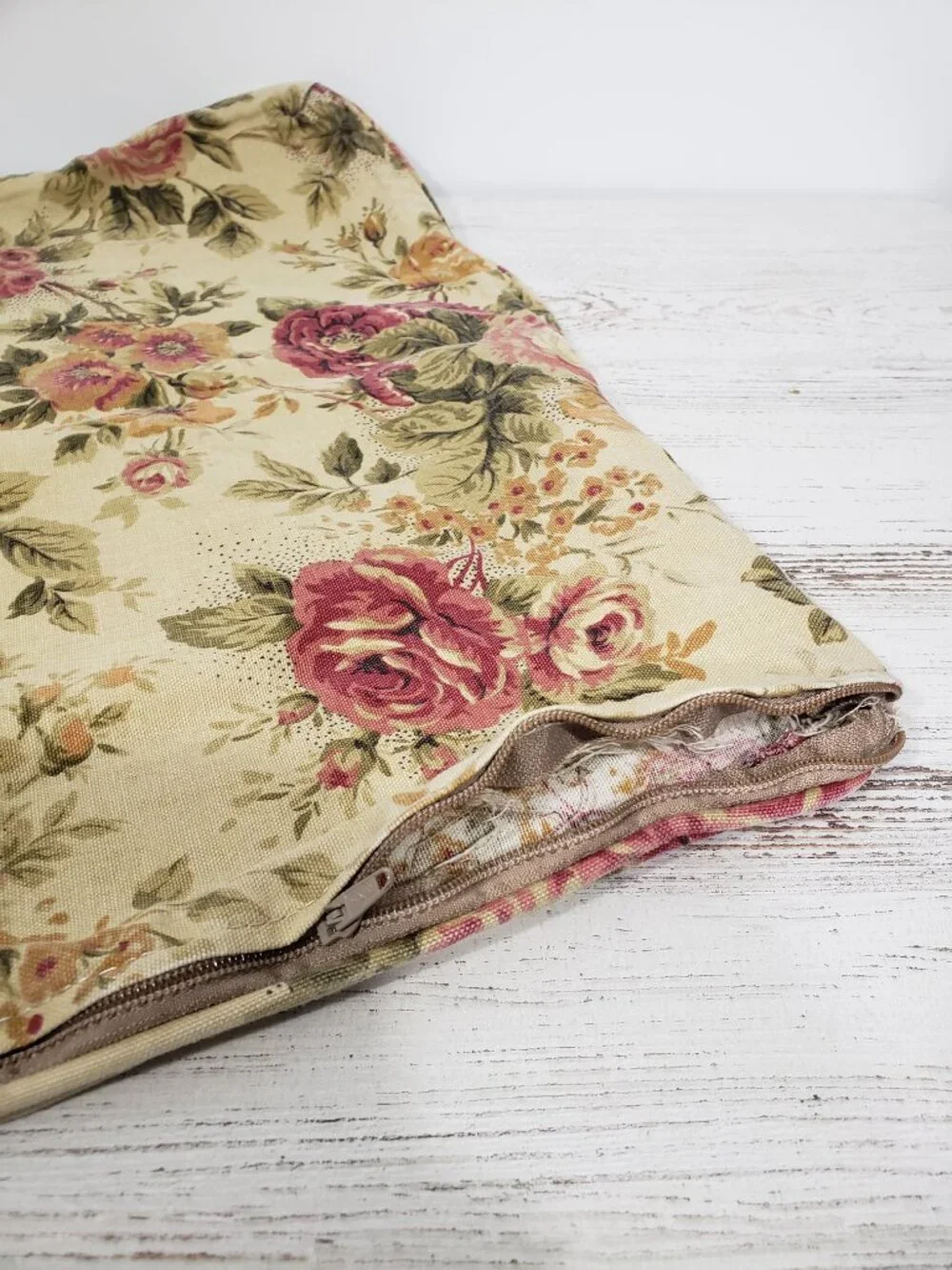 Floral Zippered Pillow Cover  22 X 20 Roses Beige Green Burgungy Tapestry Weight